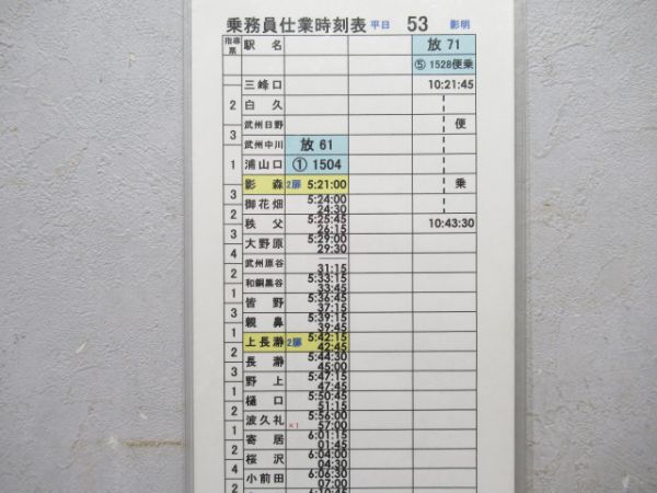 秩父鉄道 乗務員仕業時刻表 平日53 影明