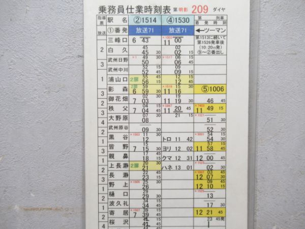 秩父鉄道 乗務員仕業時刻表 明影 209 (急行入り)