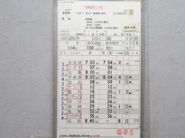 高松運転所 DEC3組 93行路 (うずしお・南風 入り)