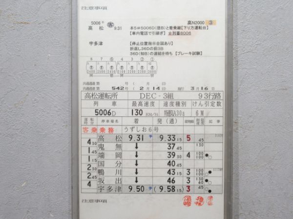 高松運転所 DEC3組 93行路 (うずしお・南風 入り)