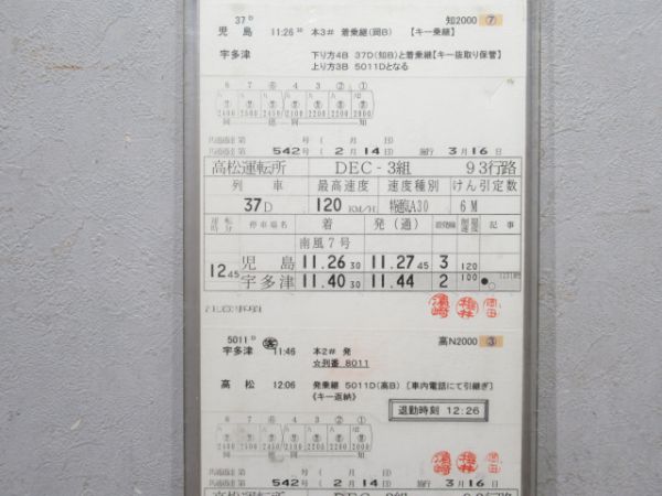 高松運転所 DEC3組 93行路 (うずしお・南風 入り)