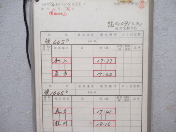 直方気動車区　臨1091仕業揃い「DE10」行路表付き