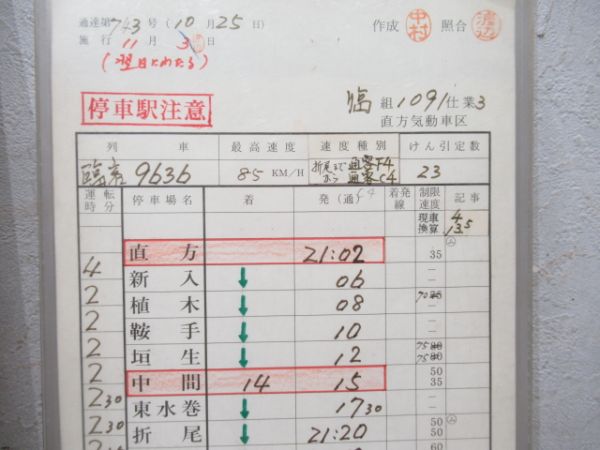 直方気動車区　臨1091仕業揃い「DE10」行路表付き
