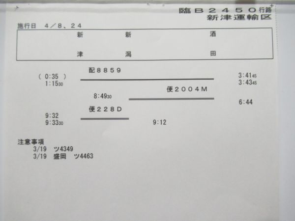 新津運輸区　臨B2450行路揃い「EF81」行路表付き