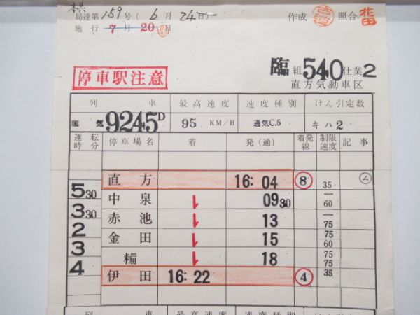 直方気動車区　臨540仕業揃い(BunBun使用)行路表付き