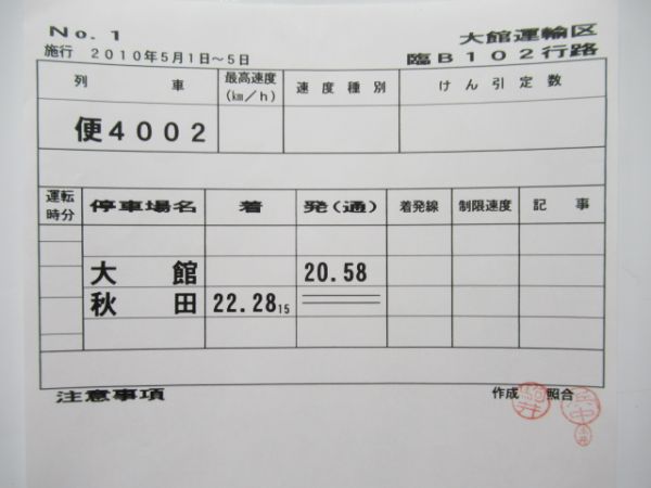 大館運輸区 臨B102行路 (寝台特急 トワイライトエクスプレス)