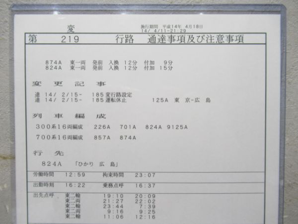 乗務員行路票 名古屋運輸所 変219行路 (ひかり)