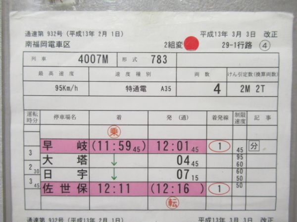 南福岡電車区　29-1行路「特急みどり・かもめ」