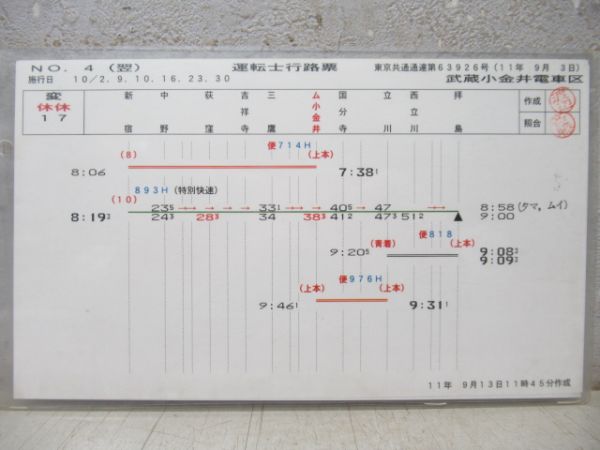 武蔵小金井電車区 運転士行路票 変休休17行路